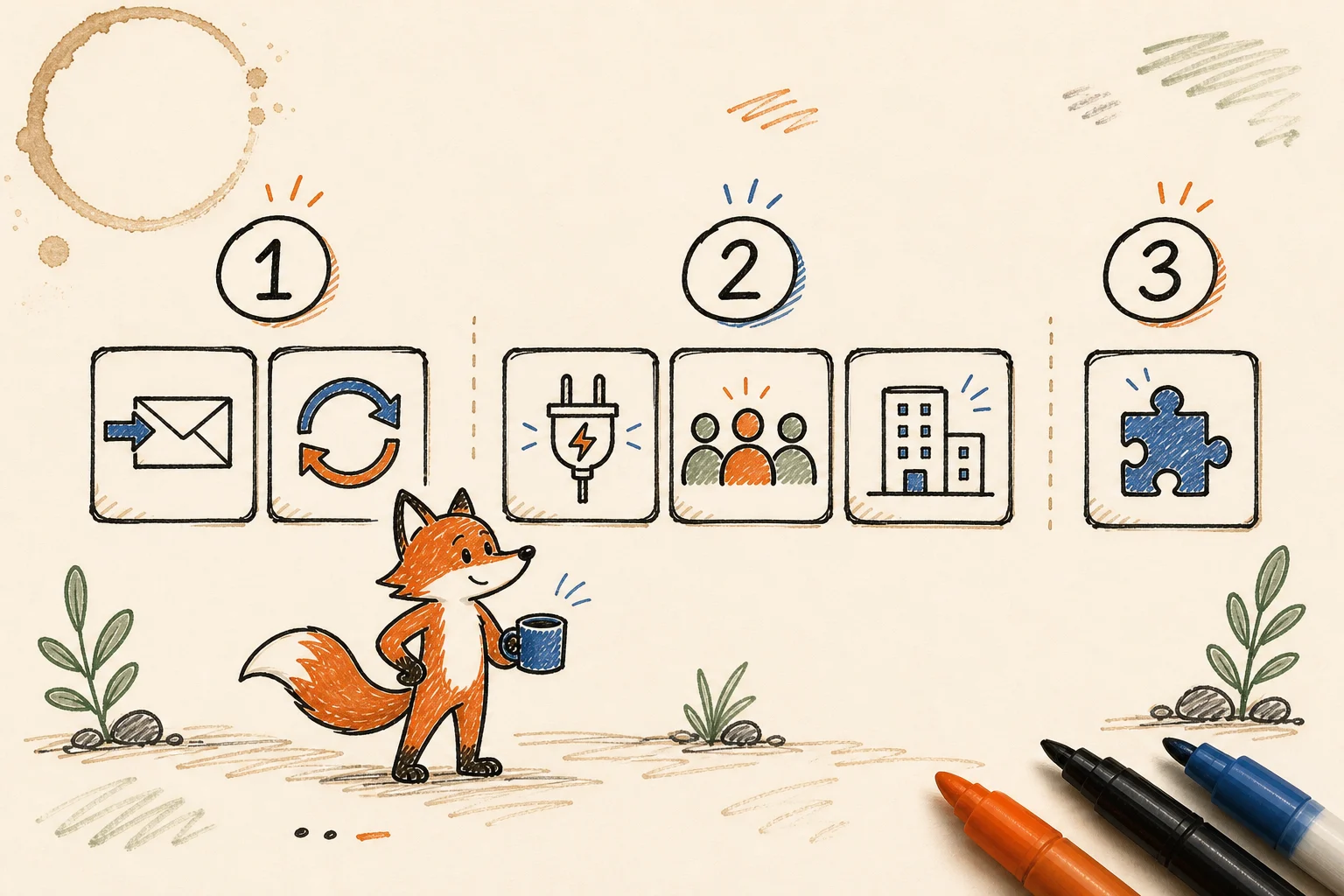 Hand-drawn whiteboard sketch: a fox with a coffee mug choosing among three numbered groups of options for connecting multiple email accounts to Claude.