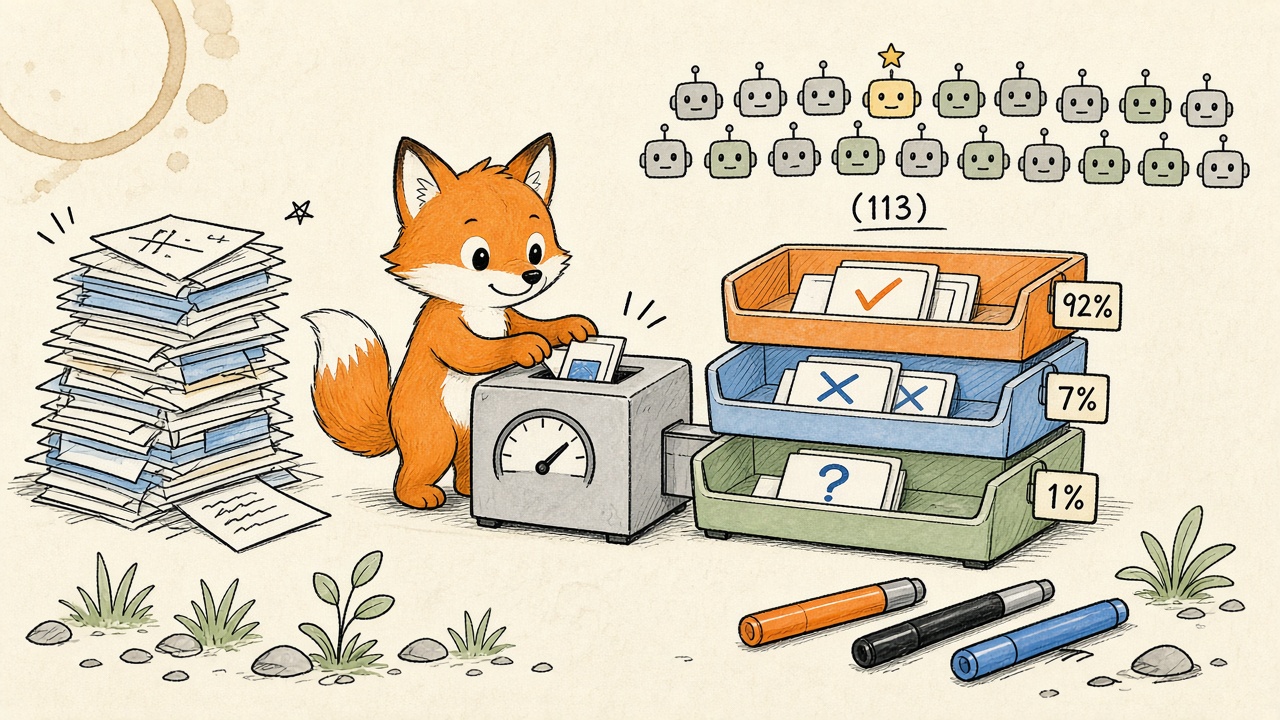 Hand-drawn whiteboard sketch of a fox feeding papers into a decision machine that sorts cards into yes, no and unsure trays with confidence percentages.
