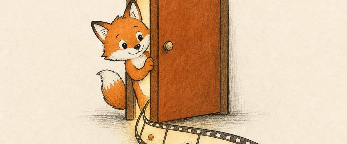 Illustration: a fox peeking around an open door as a film strip drifts out