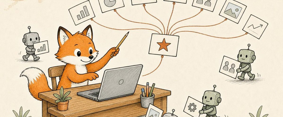 Illustration: a fox at a laptop steering many work cards into one result