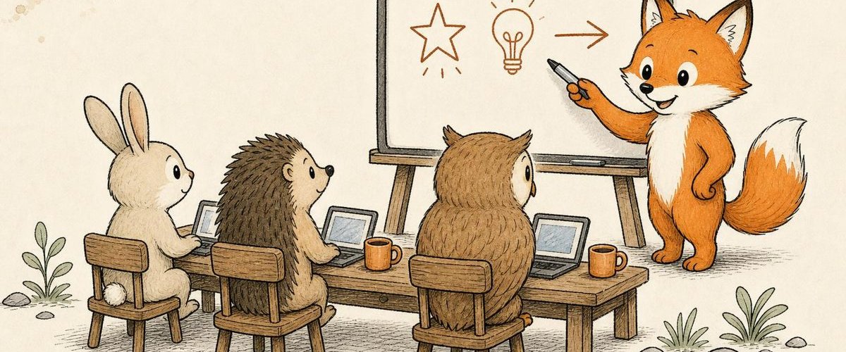 Illustration: a fox teaching a rabbit, a hedgehog and an owl at a whiteboard