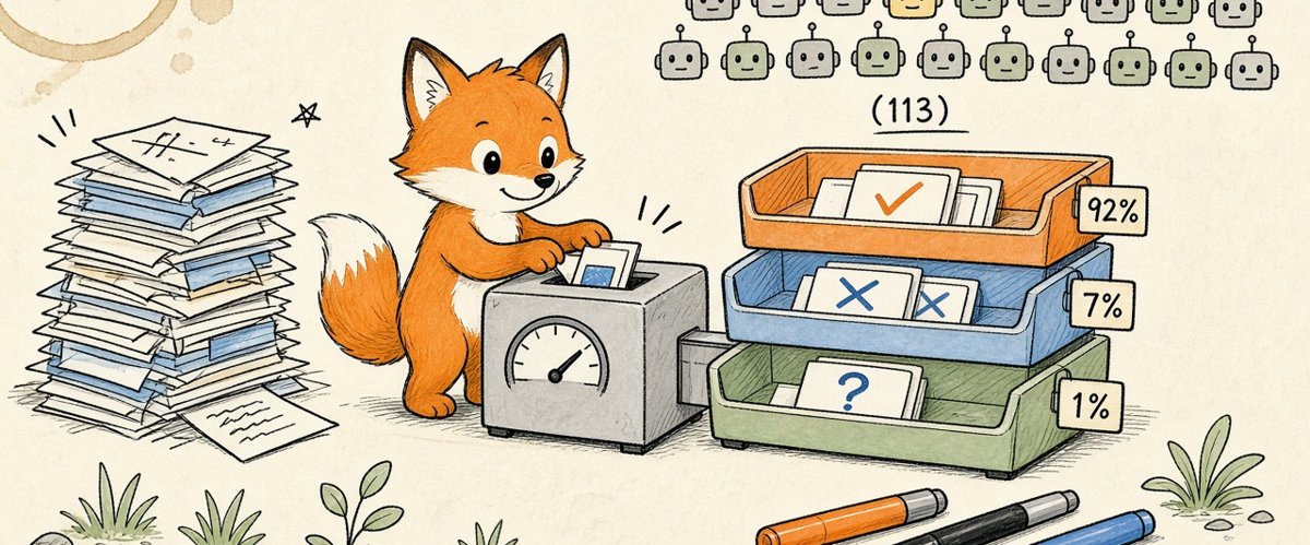 A fox sorting papers into yes, no and maybe trays