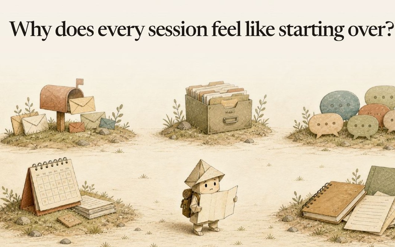A slide from the talk: why does every session feel like starting over?